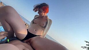 beautiful girlfriend with small waist and big ass tries first time quickie on public beach