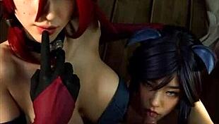 Miss Fortune and Ahri cosplay in uncensored hentai action