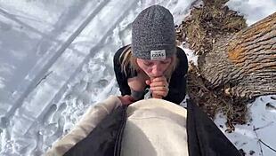 Outdoor sex in the park during winter, babe moaning loud with natural tits!