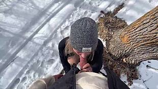 Outdoor sex in the park during winter, babe moaning loud with natural tits!