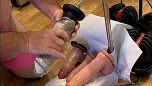 Sissy takes dildos up her ass barefoot in the kitchen