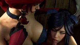 Miss Fortune and Ahri cosplay in uncensored hentai action