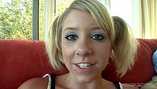 I’m soo nervous, givin’ sloppy blowjob to cute blonde teen! Facial cumshot mess!