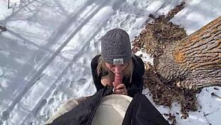 Outdoor sex in the park during winter, babe moaning loud with natural tits!