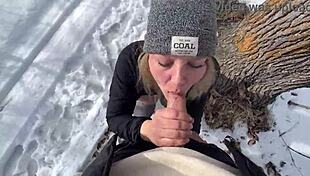 Outdoor sex in the park during winter, babe moaning loud with natural tits!