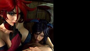 Miss Fortune and Ahri cosplay in uncensored hentai action