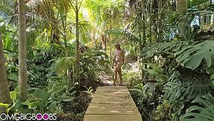 Hippie chick with natural big boobs gets naked outdoors
