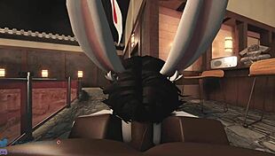 in the game, the bunny rides rough, bouncing with big ass, leading to creampie and masturbation