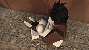 in the game, the bunny rides rough, bouncing with big ass, leading to creampie and masturbation