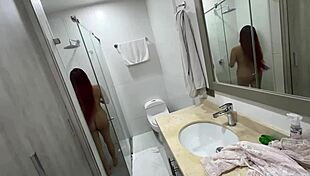 i spy my step sister's red-haired friend bathing with huge tits