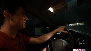 Hitchhiking slut thanks fat cock for ride with blowjob and cumshot.