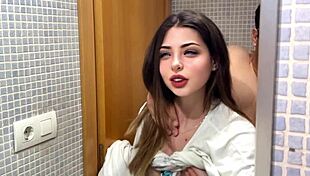 in the bathroom, she fucks her boyfriend's friend and he cums inside her, feeling the hot semen.