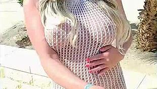 Blonde Slut Flashes in Transparent Dress Without Underwear in Public