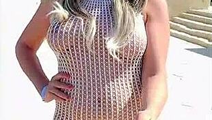 Blonde Slut Flashes in Transparent Dress Without Underwear in Public