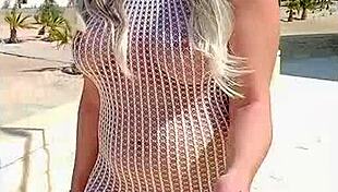 Blonde Slut Flashes in Transparent Dress Without Underwear in Public