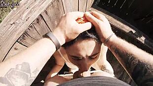 Risky outdoor adventure and throat experience at the hunting tower