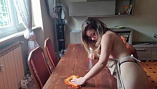 I cleaned the neighbor's table and removed my panties, will he like it?