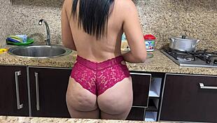 Stepmother Cooking In Bikini, Stepson Gets Erection Seeing Her Ass