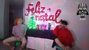 Christmas woman dominates two well-endowed men