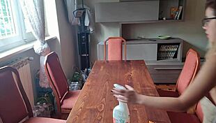 I cleaned the neighbor's table and removed my panties, will he like it?