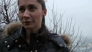 Euro brunette flashes in public for cash