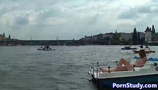 Eurobabe rides waterbike naked in public fetish scene