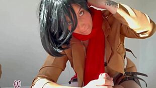 Eren Yeager guides Mikasa to ride his big cock in cowgirl position.