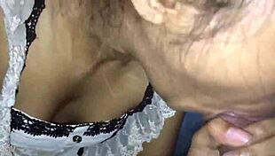 The beautiful bride gives her husband a deep blow job on their wedding day