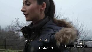 Euro brunette flashes in public for cash