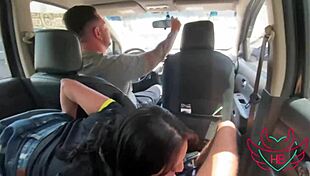 Married brunette sucks me while husband drives the car.