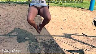 Married woman swings naked without underwear on her private part
