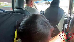 Married brunette sucks me while husband drives the car.