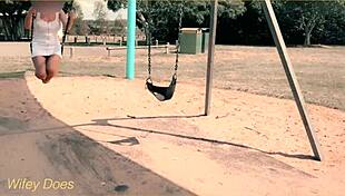 I watch my wife swing with no panties, flashin her tits outside.