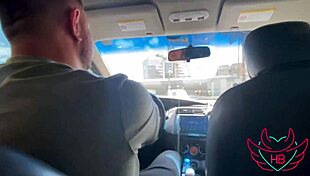 Married brunette sucks me while husband drives the car.