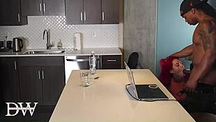 redhead foot model nearly taps from huge black cock