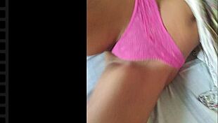 husband likes watching his wife with small waist and shaved pussy in exhibitionist act