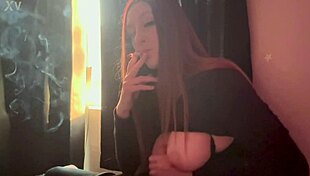 Hot milf artemisia love shows big boobs while smoking.