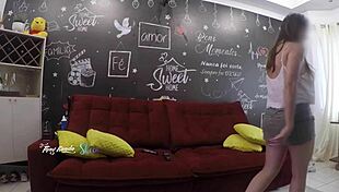 Hot wife Thay Ksada recognized by delivery man lets him suck her on living room sofa