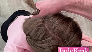 The submissive girlfriend was made to suck daddy's cock eagerly.