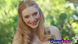 Natural redhead muse maya kendrick strips outdoor, revealing pale skin and natural tits