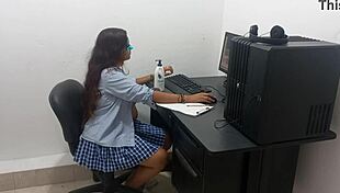 18-year-old studies in skimpy uniform, feeling hot