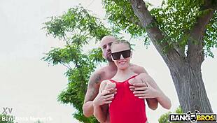 Lyas engages in risky sex on the bench with a blonde latina.