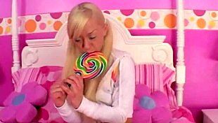 Lil Lexy rubs her tight pussy with a lollipop for intense solo orgasm. Blonde teen goes wild fingering herself!