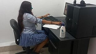 18-year-old studies in skimpy uniform, feeling hot