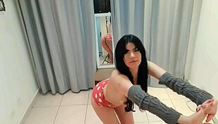 Hot neighbor shows ass in loose shorts without panties, wet and ready for handjob.