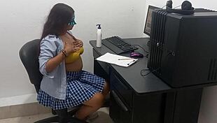 18-year-old studies in skimpy uniform, feeling hot