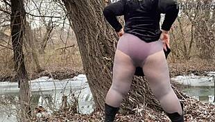 Mother-In-Law Pees Outdoors In Pantyhoses