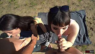 casual foursome sex outdoors with two big-ass brunettes, cum in mouth and nipples