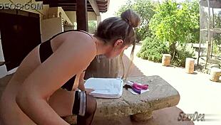 Get ready for some rough outdoor dildo action with a big MILF and cumshot