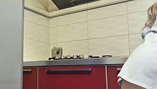 gostosa cleans stove, masturbates her big ass and natural tits intensely.